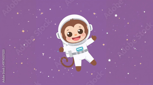 A cute cartoon monkey in a white astronaut suit floating in space