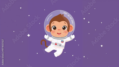 A cute cartoon monkey in a white astronaut suit floating in space