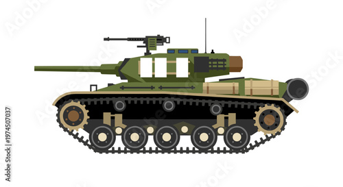 Green military tank with a large cannon and mounted machine gun, featuring a detailed track system, tan cargo crates, and clean geometric shapes, rendered in a flat, modern vector