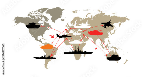 Global military movement depicted with silhouette tanks, fighter jets, and warships across continents, illustrating strategic deployments and international conflict zones with red