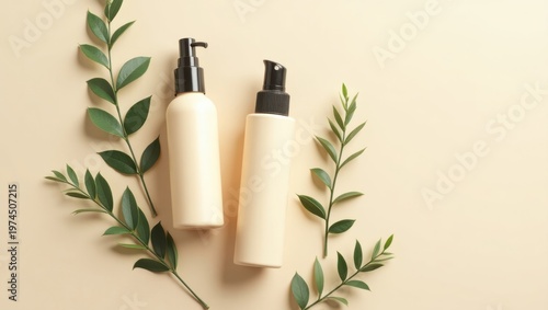 minimalist beige skincare bottles with eucalyptus leaves on neutral background