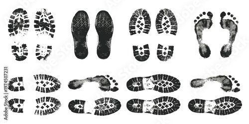 Collection of various black shoe prints and barefoot marks isolated on a white background vector illustration
