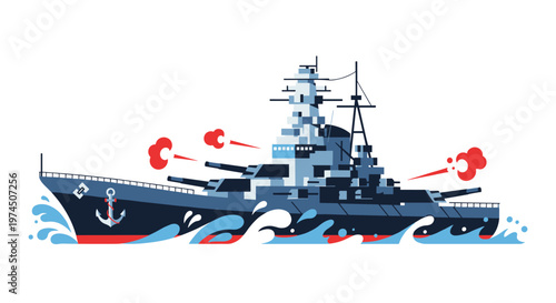 Majestic warship navigates turbulent blue ocean waves, firing cannons with red smoke plumes, displaying a clean, geometric design with distinct navy, steel, and crimson hues,