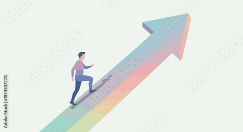 Man ascends vibrant gradient arrow symbolizing upward trajectory, career advancement, personal growth, and achieving ambitious goals with clean, modern vector design elements.