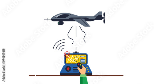 Modern unmanned aerial vehicle with propeller and camera, controlled remotely via a handheld device displaying a gps map with target acquisition, symbolizing surveillance,