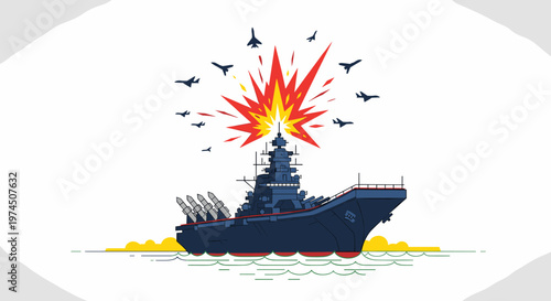 Naval warship unleashes explosive ordnance amidst aerial combat with fighter jets, depicting intense military action and strategic defense.