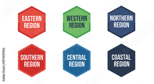 Six distinct hexagonal badges displaying regional labels: eastern, western, northern, southern, central, and coastal, using a clean, flat vector design with a limited color
