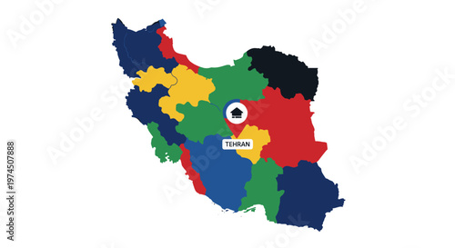 Stylized map of iran showcasing distinct provincial divisions with a prominent tehran location marker, featuring a vibrant blue, red, yellow, green, and black color scheme and
