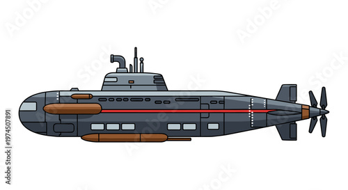 Sleek, modern, dark grey submarine with prominent brown torpedo tubes and a striking red horizontal stripe, featuring clean lines, sharp angles, and a multi-bladed propeller,