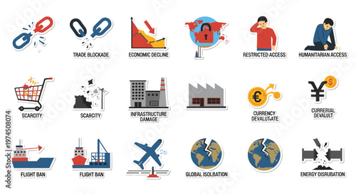 Collection of flat vector icons representing global economic challenges, including trade barriers, financial downturns, humanitarian crises, supply chain disruptions, and