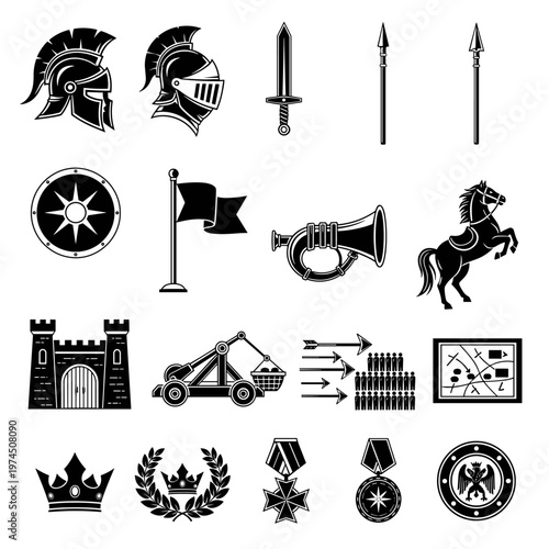 Collection of historical military and regal symbols including ancient helmets, swords, spears, shields, flags, trumpets, horses, castles, siege engines, armies, battle plans,