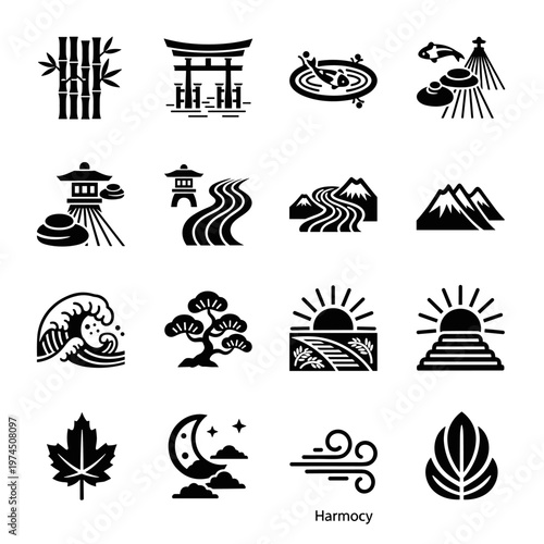 Collection of japanese cultural symbols and natural elements rendered with clean, bold lines, featuring bamboo, torii gate, koi pond, stone lantern, winding river, majestic