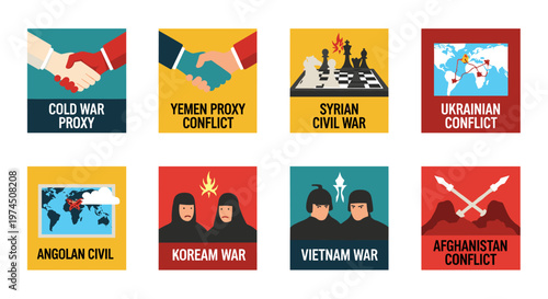 Collection of stylized vector graphics depicting historical global conflicts, including handshakes representing proxy wars, chess pieces symbolizing strategic disputes, maps