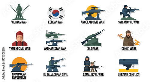 Collection of stylized vector icons representing various global conflicts and wars, featuring military figures, flags, and weaponry in a clean, modern design with a limited color