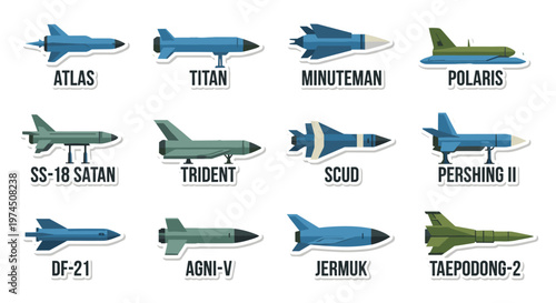 Collection of twelve distinct ballistic missile types including atlas, titan, minuteman, polaris, ss-18 satan, trident, scud, pershing ii, df-21, agni-v, jermuk, and taepodong-2,