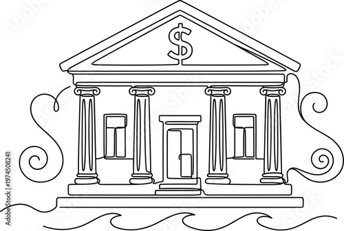 Classical bank building with dollar symbol and waves financial crisis concept line art vector illustration for economy and finance
