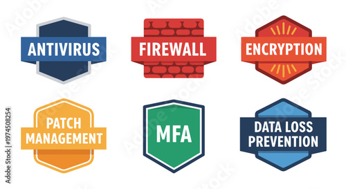 Cybersecurity shield emblems featuring antivirus, firewall, encryption, patch management, mfa, and data loss prevention concepts, presented with clean lines, bold colors, and