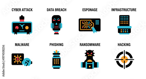 Cyber security threats depicted through bold, flat vector icons: cyber attack, data breach, espionage, infrastructure, malware, phishing, ransomware, and hacking, featuring a