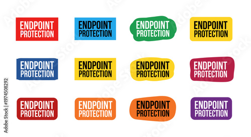 Cybersecurity endpoint protection badges featuring bold white text on vibrant red, blue, green, yellow, orange, and purple backgrounds, showcasing scalable vector shapes for