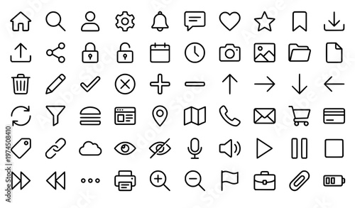 60 user interface minimal line icons collection with navigation media and system symbols vector editable stroke part 1