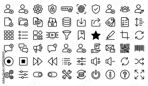 Minimal UI outline icon set with 60 interface navigation and app control symbols vector editable stroke