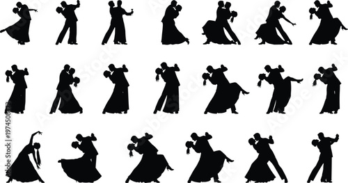 Ballroom, dance, silhouettes, couple, elegant, poses, waltz, tango, dancers, romance, movement, performance, classic, partners, graceful, black, isolated, vector, illustration, set