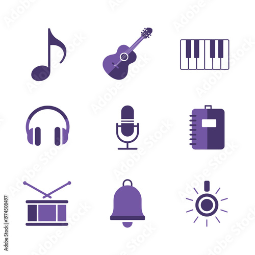 A compilation of music-themed icons featuring a guitar, piano keys, headphones, microphone, and drum are arranged on a plain background.