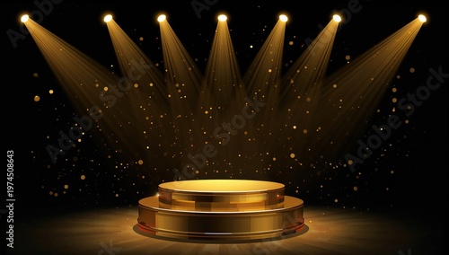 Empty golden podium on a dark stage with bright spotlights and sparkling dust particles