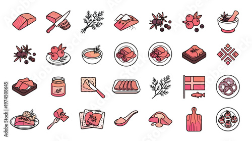 Nordic Salmon and Seafood Flat Icon Set in Minimalist Line Art. A collection of Gravlax Linear Icons, Including dill, berries, sauce, sandwich, Danish flag, fish, appetizers
