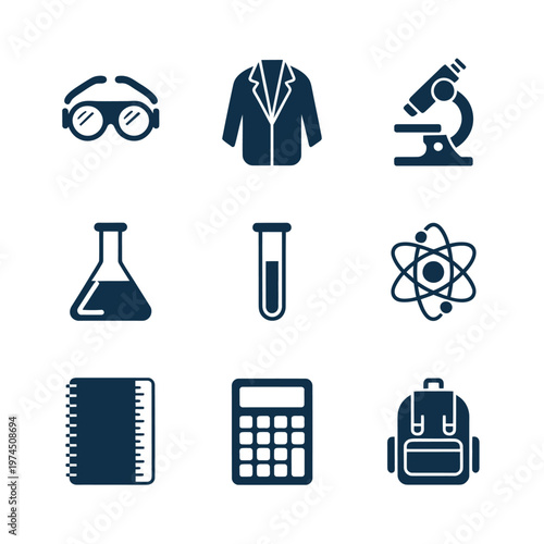 A set of nine dark blue icons showcases laboratory, academic, and technological items.