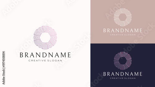 Luxury abstract circular mono-line logo design with geometric line art ornament for premium boutique branding
