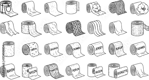 Black and White Line Art of Various Fabric Rolls and Textiles, Textile Industry