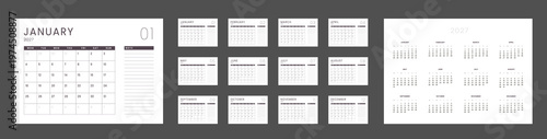2027 Calendar Planner Set Template 12 Monthly Pages with note and Annual 2027 Vector layout grid simple schedule wall, desk calendar in black and white color. Week start Monday. Pages A4 ready print