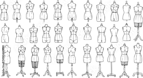 Hand Drawn Black and White Line Art Set of Fashion Industry Mannequins, Dress Forms, and Tailor Dummies for Sewing and Garment Design