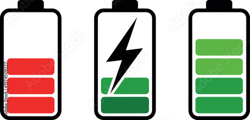 Battery charge level indicators, full, low, and charging battery icons, power status on transparent background. vector illustration