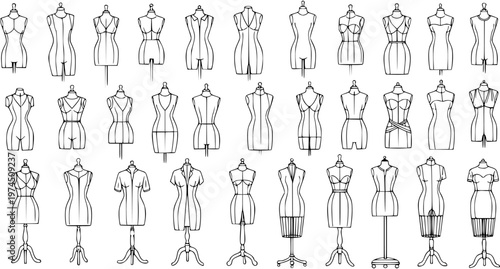 Fashion Design Mannequins and Dress Forms Black and White Line Art Set. Hand-Drawn Tailor Dummies for Apparel Industry, Sewing, Retail, and Sketching.