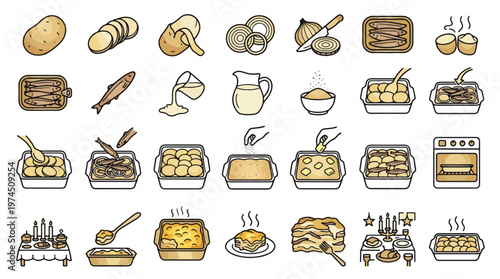 Swedish Potato Casserole Recipe Icons in Linear Style. A collection of food recipe linear icons, including potato, onion, anchovy, sardine, cream, oven, baking, holiday feast, and more. Vector Art.