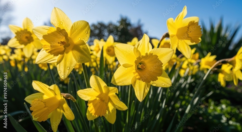 Obraz premium Vibrant field of bright yellow trumpet-shaped blooms against blue sky