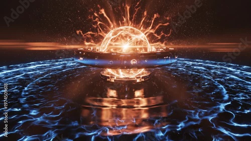Abstract Energy Sphere with Blue and Orange Light Rays and Reflections on Dark Background.