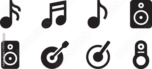 Set of music notes and sound symbols, modern style, black musical icons, sound and melody on transparent background. vector illustration