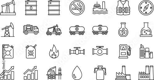 Oil and Gas Industry Line Icon Set Featuring Petroleum Production, Refinery Equipment, Energy Transport and Industrial Fuel Symbols