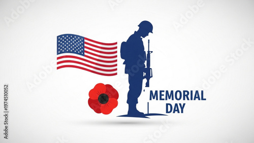 Memorial Day Soldier Silhouette with American Flag and Poppy Flower