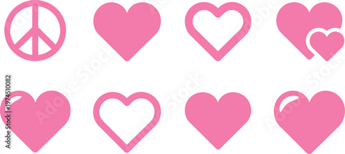 Set of pink heart shapes and a peace symbol, love and harmony icons, romance and serenity on transparent background. vector illustration