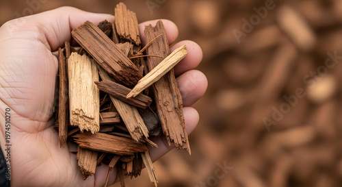 A hand holding a handful of dry wood chips or small sticks