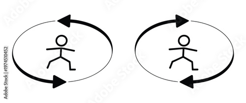 Two stick figures moving in circular motion with arrows, symbolizing cycle or process. Ideal for illustrating business cycles, workflow, or repetitive actions.