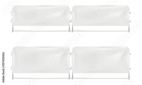 Blank white barricade advertising graphic cover on metal frame with hooks. Realistic 3d vector mock-up. Interlocking crowd control barrier with banner. Easy editable mockup. Template for design