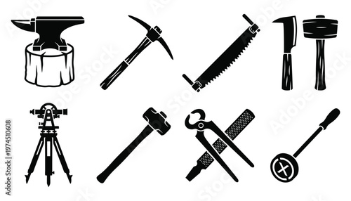 Collection of industrial work tool icons and construction equipment silhouettes