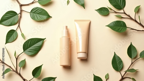 beige skincare duo with pipette andbottle on soft green leaves background
