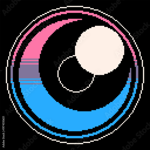 Crystal Pink and Blue Gradient Eye Pupil with Shining Light on Black Blackground, Pixel Art Style