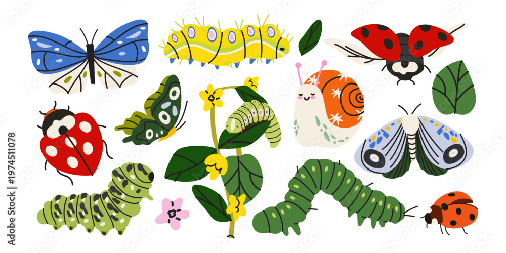 Fototapeta premium Whimsical collection of cartoon spring garden insects with colorful ladybugs, butterflies, caterpillars and a snail. Cute nature characters for kids design, stickers